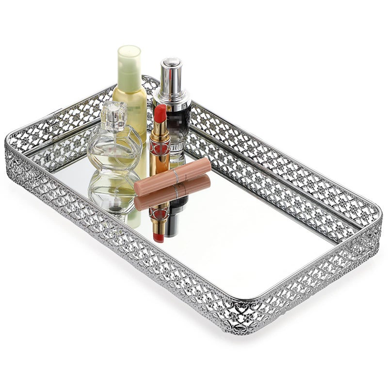 ELLDOO Perfume Tray Mirror Tray Silver Vanity Makeup Hollow-Carved Jewelry Tray Glass Metal Trinket Storage Tray Home Decor Organizer Tray for for Dresser Bathroom Countertop Large Size 13.8""x 7.9"" - Image 1